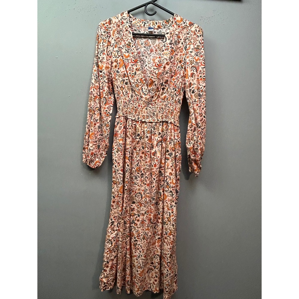 Old Navy Dress‎ Womens Small Pink Floral LS Plunge Smoc Boho Midi Pockets Garden